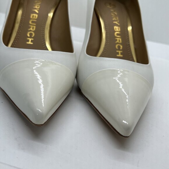 Tory Burch PENELOPE CAP TOE Pumps Leather Patent Ivory Heels - Picture 12 of 12